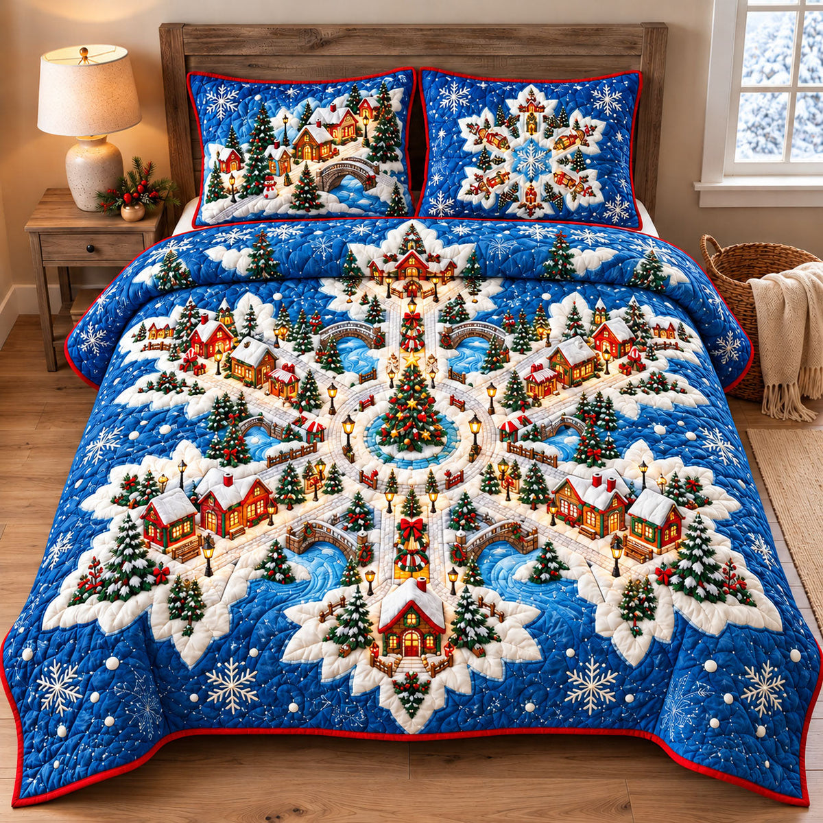 Snowflake Christmas Village 3-Piece Quilted Bedding Set GFTOHNL3483