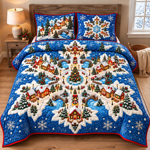 Snowflake Christmas Village 3-Piece Quilted Bedding Set GFTOHNL3483