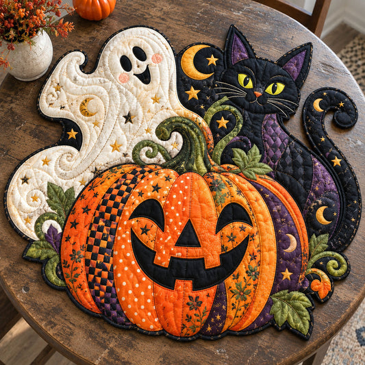 Pumpkin Ghost Cat Custom Shape Quilted Table Topper GFTOHNL3516