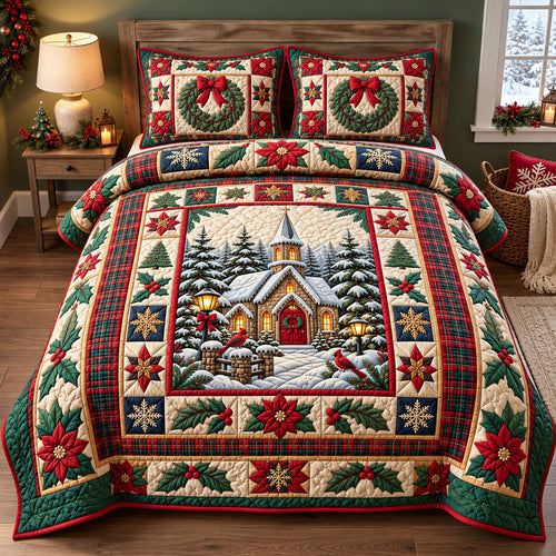 Christmas Church Night 3-Piece Quilted Bedding Set GFTOHNL3531