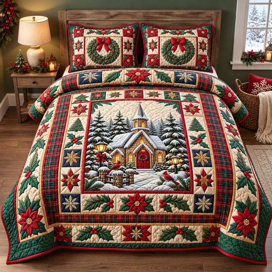 Christmas Church Night 3-Piece Quilted Bedding Set GFTOHNL3531