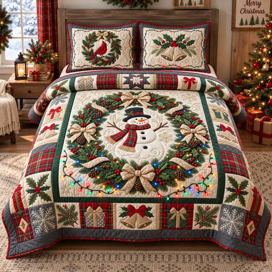 Snowman Christmas Wreath 3-Piece Quilted Bedding Set GFTOHNL3564