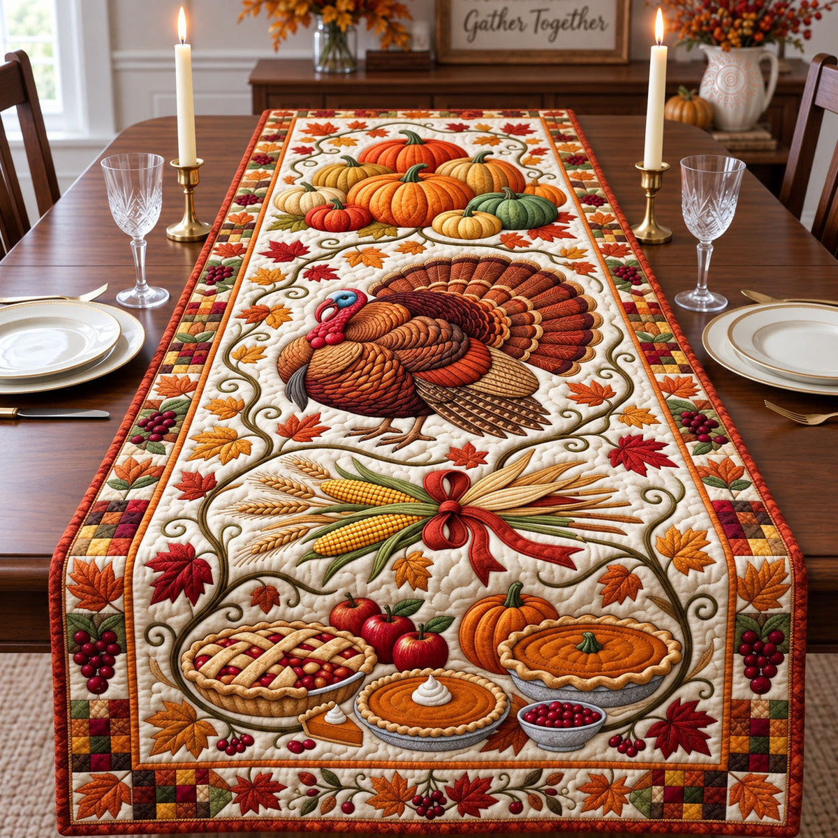Turkey Pumpkin Harvest Quilted Table Runner GFTOHNL3582