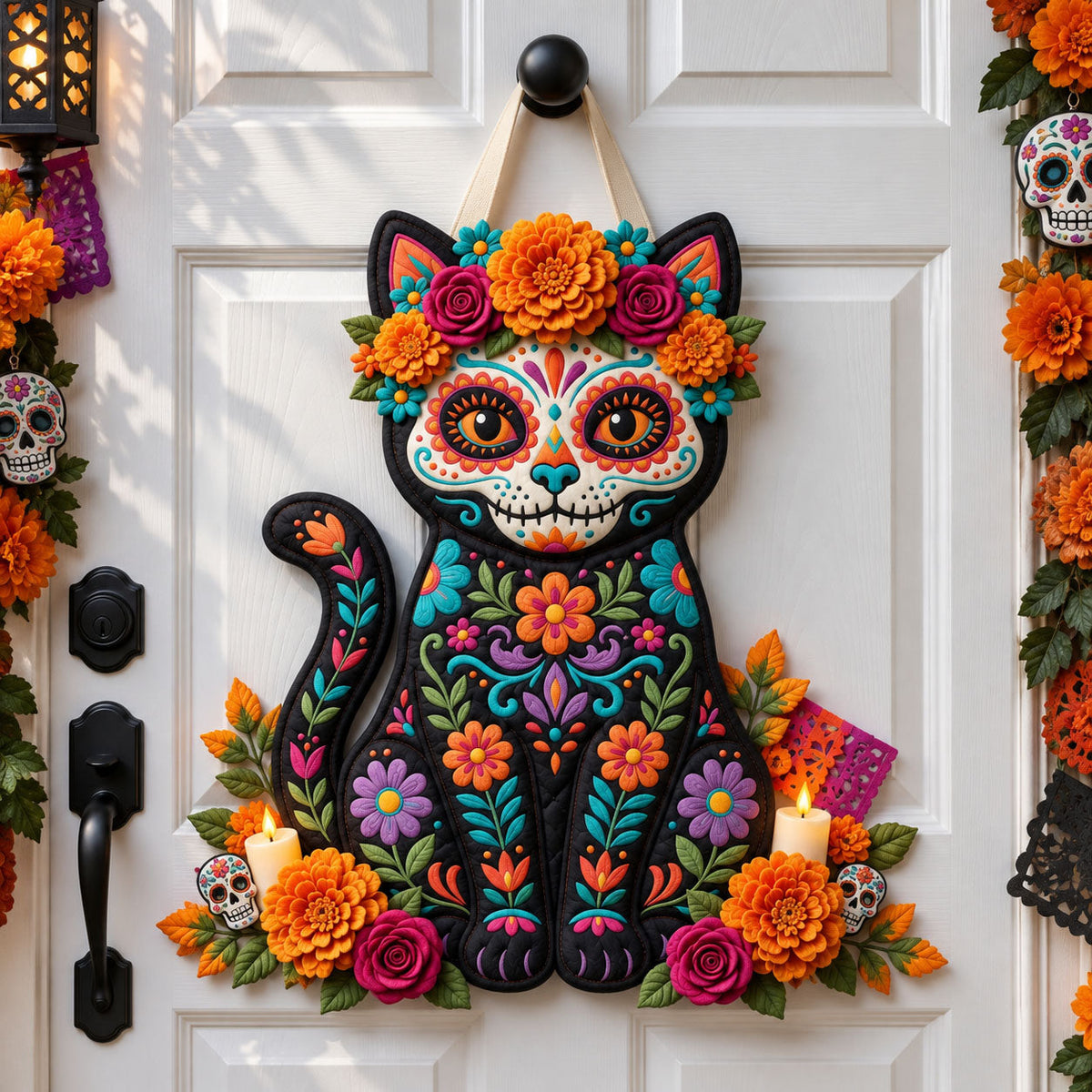 Sugar Skull Cat Custom Shape Quilted Door Hanger GFTOHNL3620
