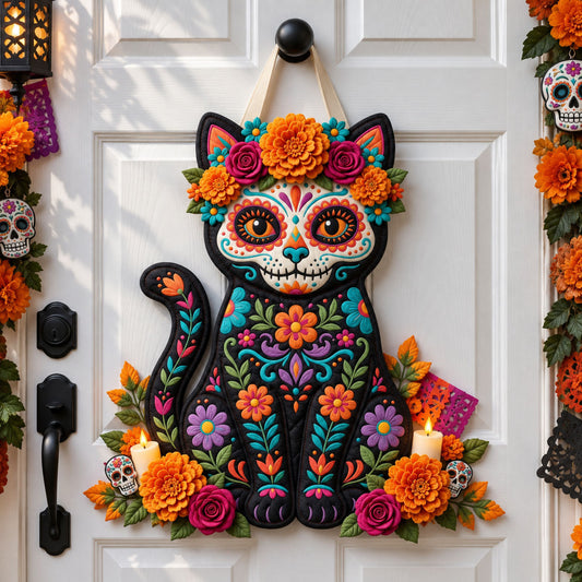 Sugar Skull Cat Custom Shape Quilted Door Hanger GFTOHNL3620