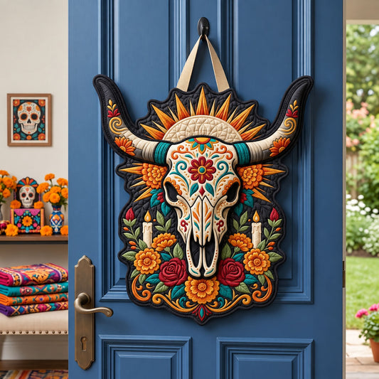 Floral Bull Skull Custom Shape Quilted Door Hanger GFTOHNL3623