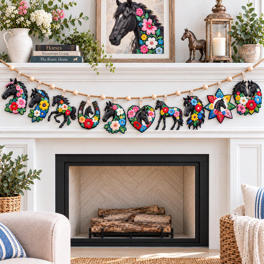 Floral Black Horse Custom Shape Quilted Garland GFTOHNL3727