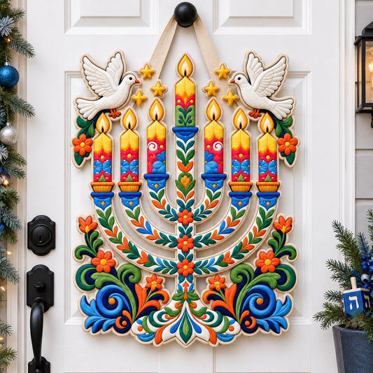 Hanukkah Dove And Menorah Custom Shape Quilted Door Hanger GFTOHNL3728