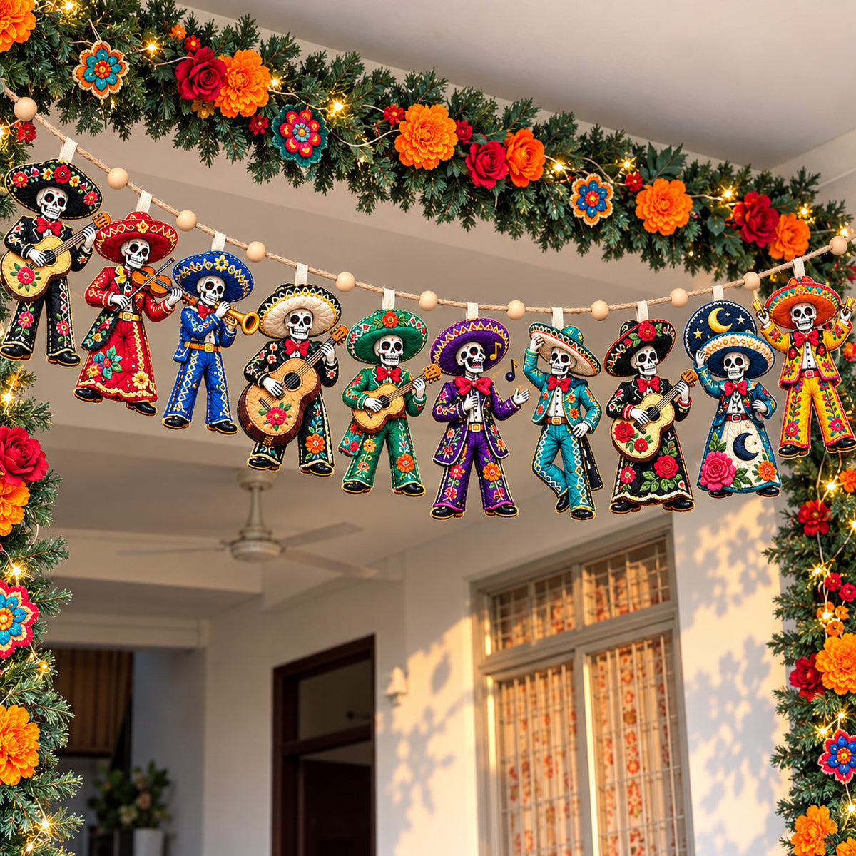 Mariachi Skeleton Band Custom Shape Quilted Garland GFTOHNL3766