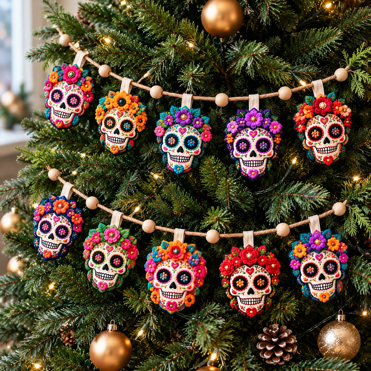 Floral Sugar Skulls Custom Shape Quilted Garland GFTOHNL3768