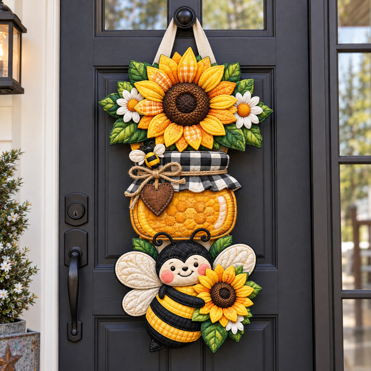 Sunflower Bee Honey Jar Custom Shape Quilted Door Hanger GFTOHNL3776