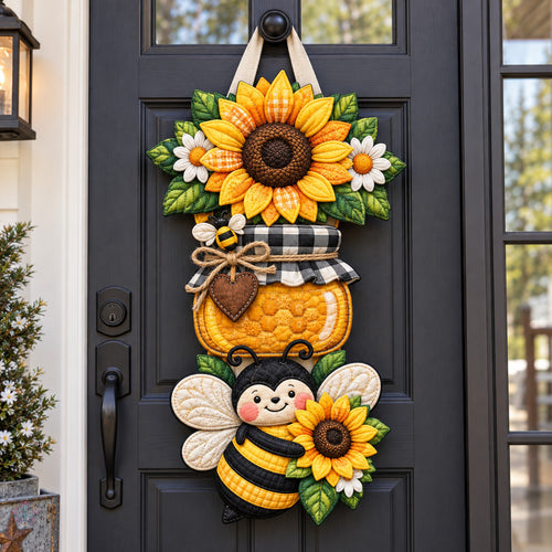 Sunflower Bee Honey Jar Custom Shape Quilted Door Hanger GFTOHNL3776