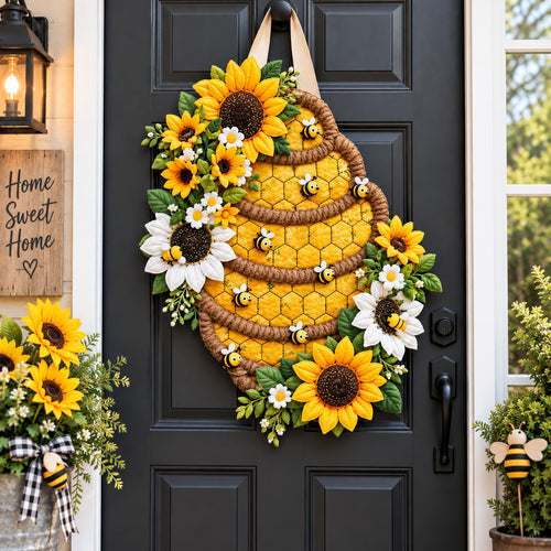 Sunflower Honey Hive Custom Shape Quilted Door Hanger GFTOHNL3779