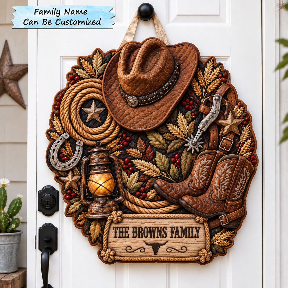 Rustic Cowboy Family Custom Shape Quilted Door Hanger QTCUZ GFTOHNL3912