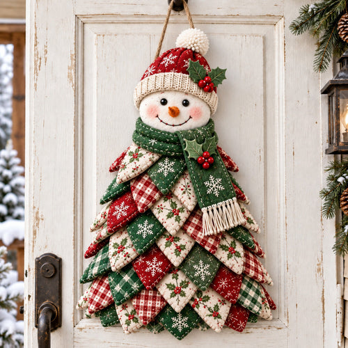 Patchwork Snowman Joy Custom Shape Felt Door Hanger GFTOHNL3948