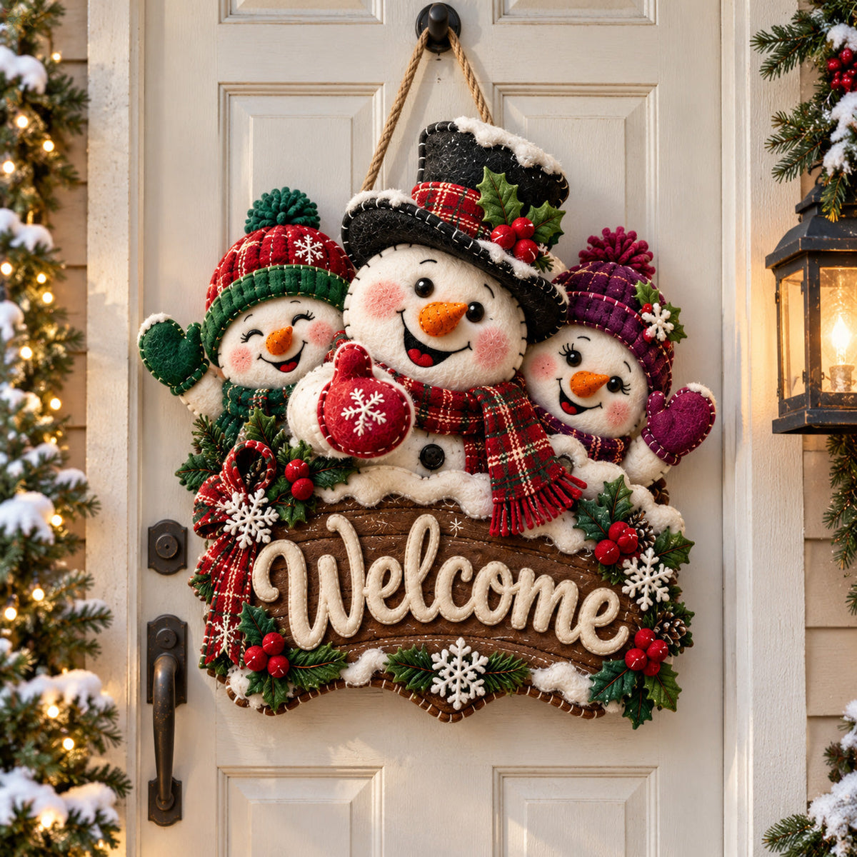 Snowman Family Welcome Custom Shape Felt Door Hanger GFTOHNL4078