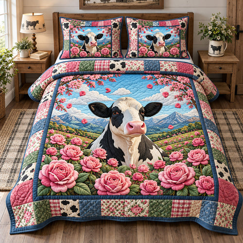 Cow In The Rose Garden 3-Piece Quilted Bedding Set GFTOHNL4159