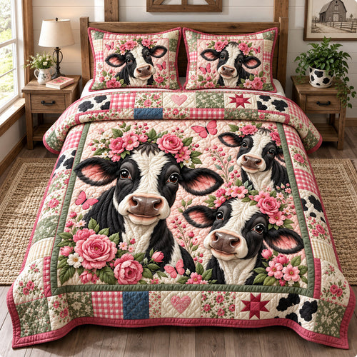 Floral Cow Family 3-Piece Quilted Bedding Set GFTOHNL4161