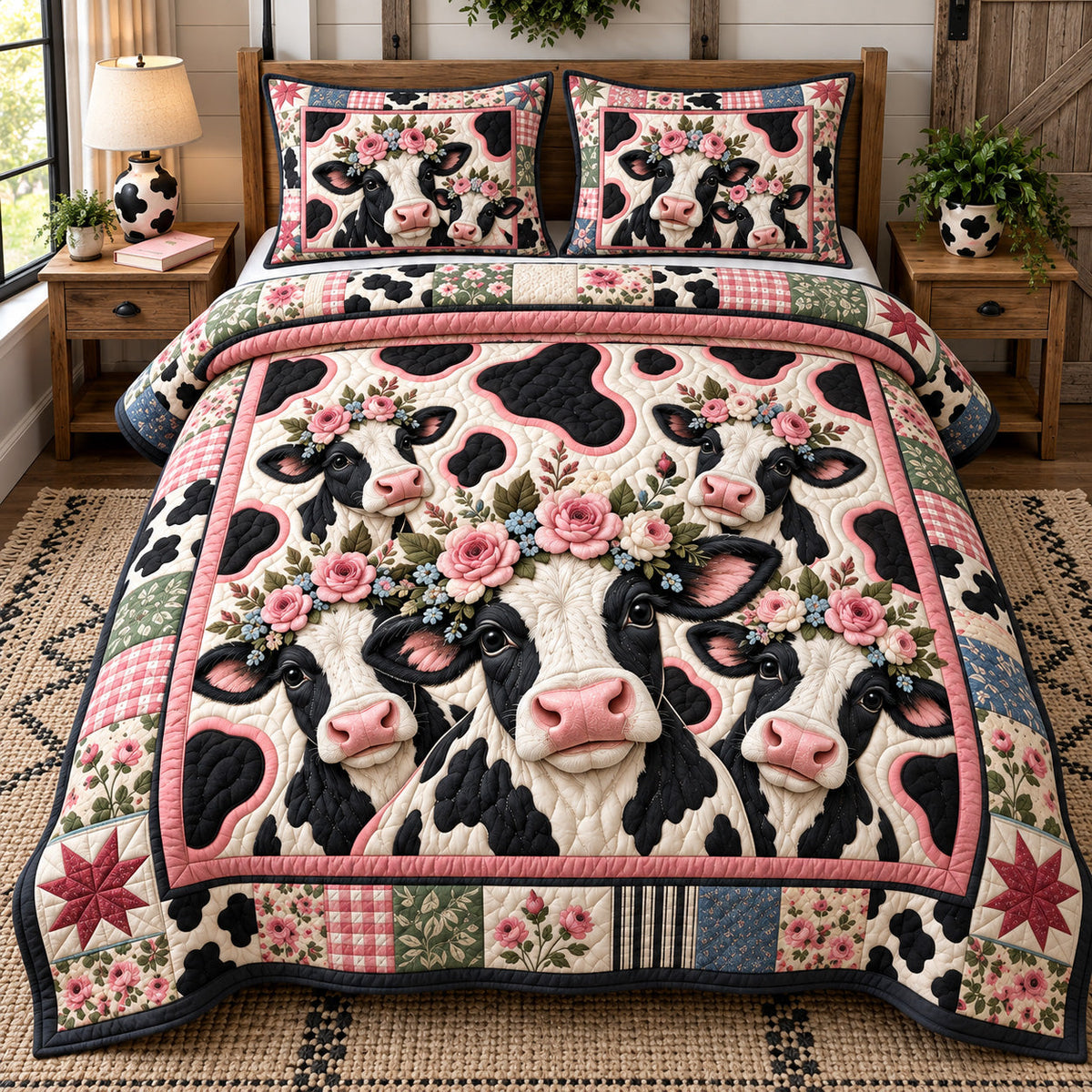 Pink Rose Cow Family 3-Piece Quilted Bedding Set GFTOHNL4163