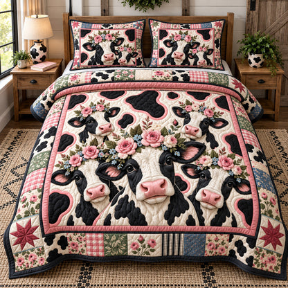 Pink Rose Cow Family 3-Piece Quilted Bedding Set GFTOHNL4163