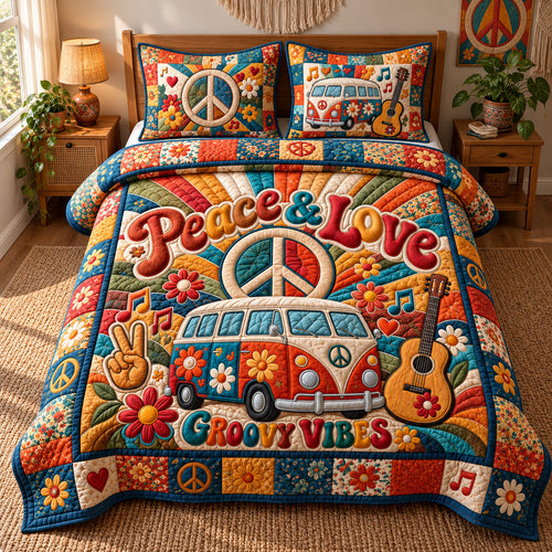 Peace Love Groovy Vibes 3-Piece Quilted Bedding Set GFTOHNL4199