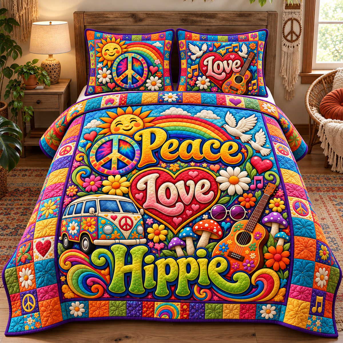Peace Love Hippie 3-Piece Quilted Bedding Set GFTOHNL4204
