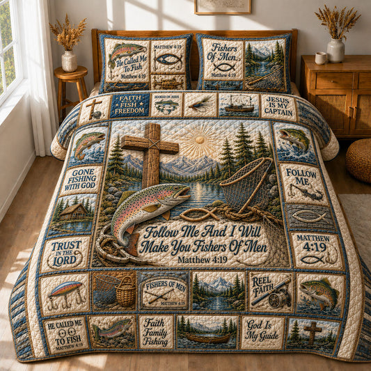 Follow Me Christian Fishing 3-Piece Quilted Bedding Set GFTOHNL425