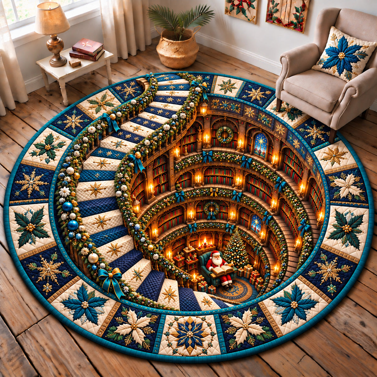 Santa Christmas Reading Corner Quilted Round Mat GFTOHNL4257