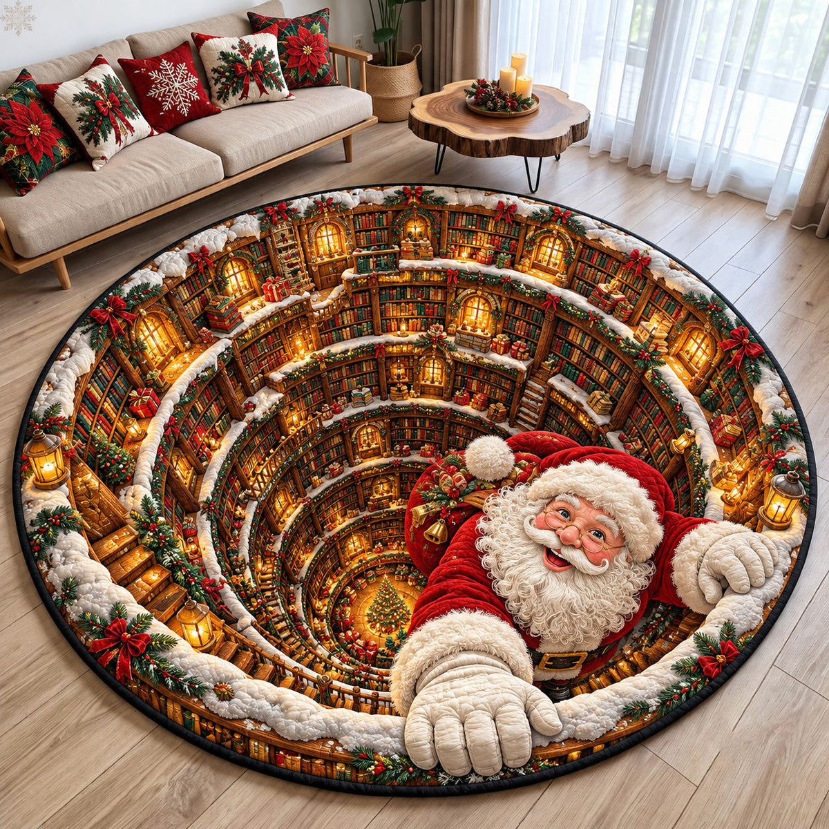 Santa Christmas Library Quilted Round Mat GFTOHNL4339