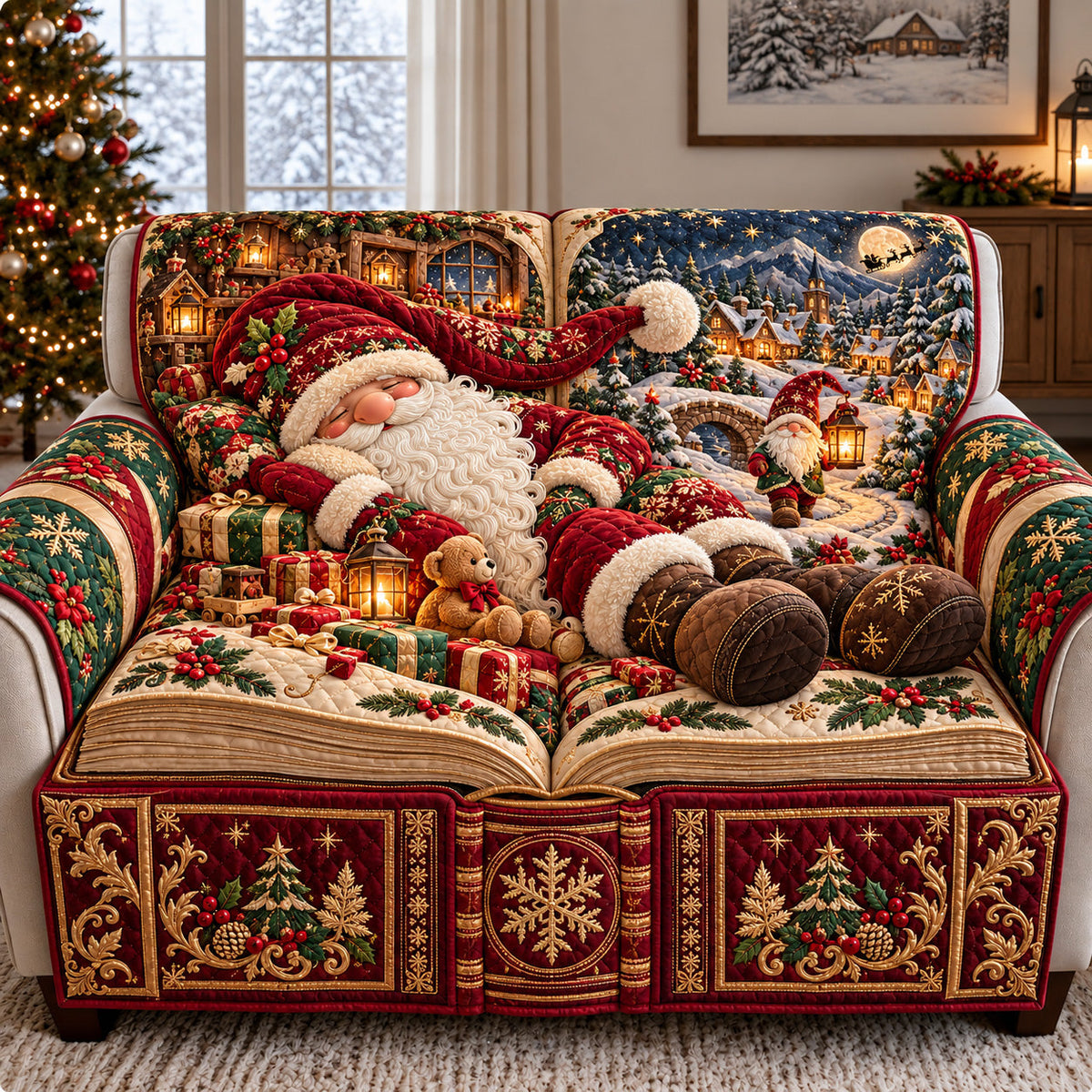Gnome Christmas Storybook Quilted Sofa Cover GFTOHNL4346