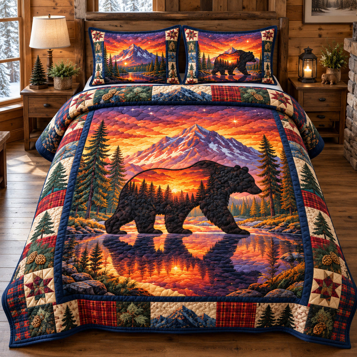 Black Bear Mountain Sunset 3-Piece Quilted Bedding Set GFTOHNL4437