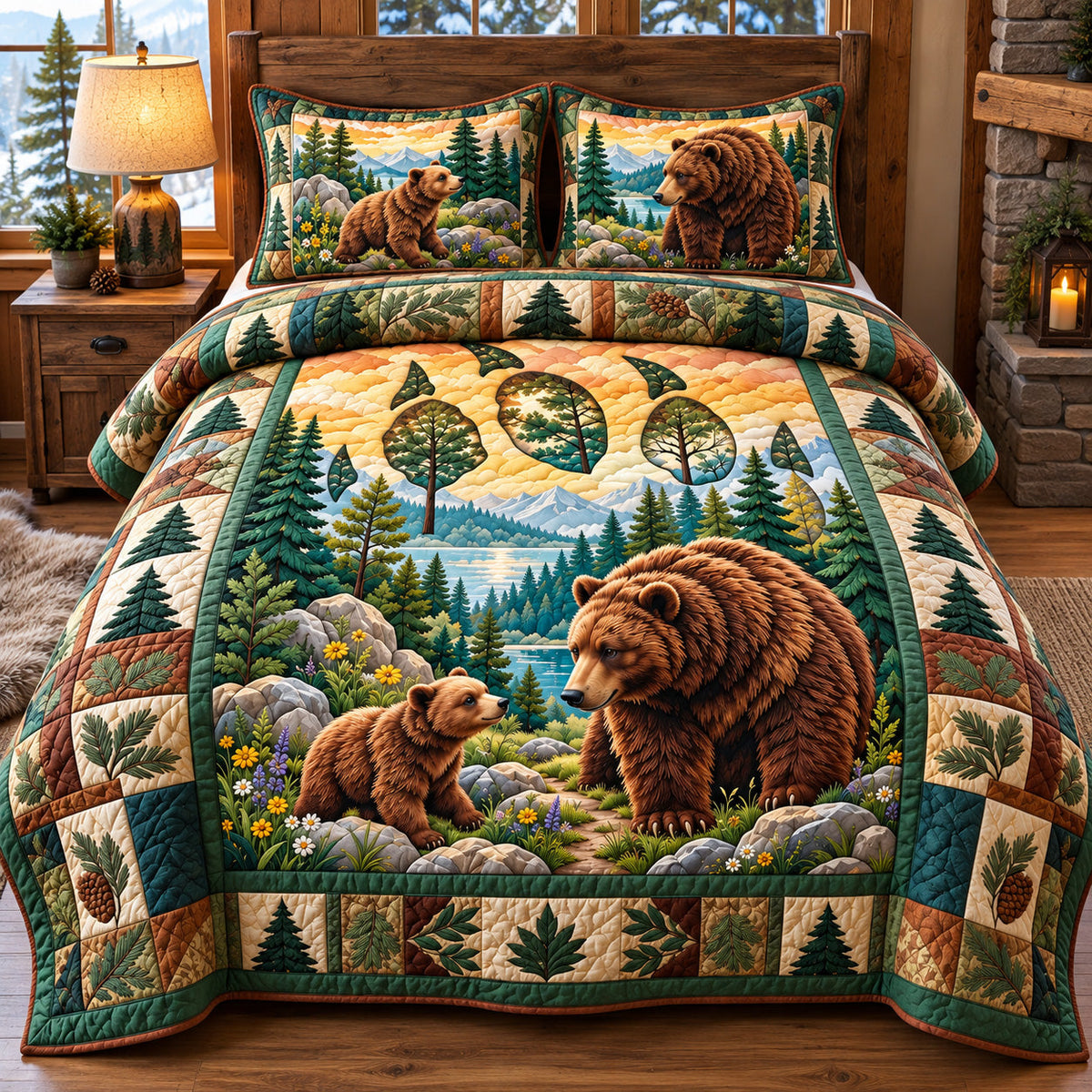 Bear Family Forest 3-Piece Quilted Bedding Set GFTOHNL4440