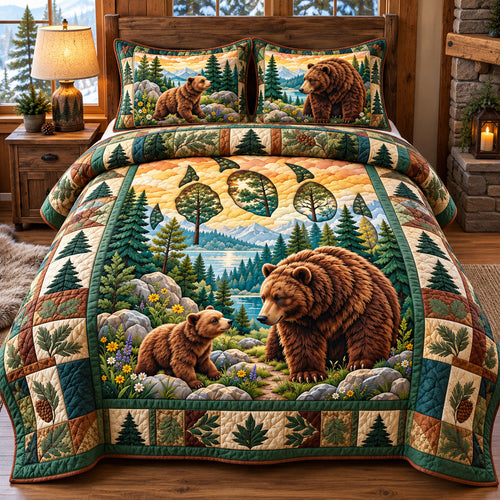 Bear Family Forest 3-Piece Quilted Bedding Set GFTOHNL4440