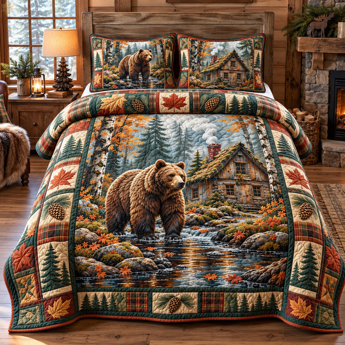 Rustic Bear Cabin 3-Piece Quilted Bedding Set GFTOHNL4442