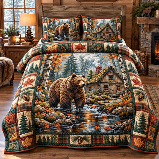 Rustic Bear Cabin 3-Piece Quilted Bedding Set GFTOHNL4442