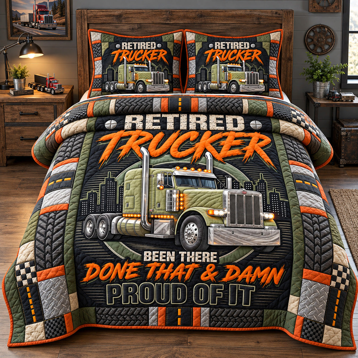 Proud Retired Trucker 3-Piece Quilted Bedding Set GFTOHNL4480