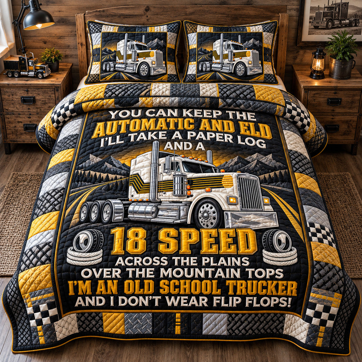 Old School Trucker 3-Piece Quilted Bedding Set GFTOHNL4481