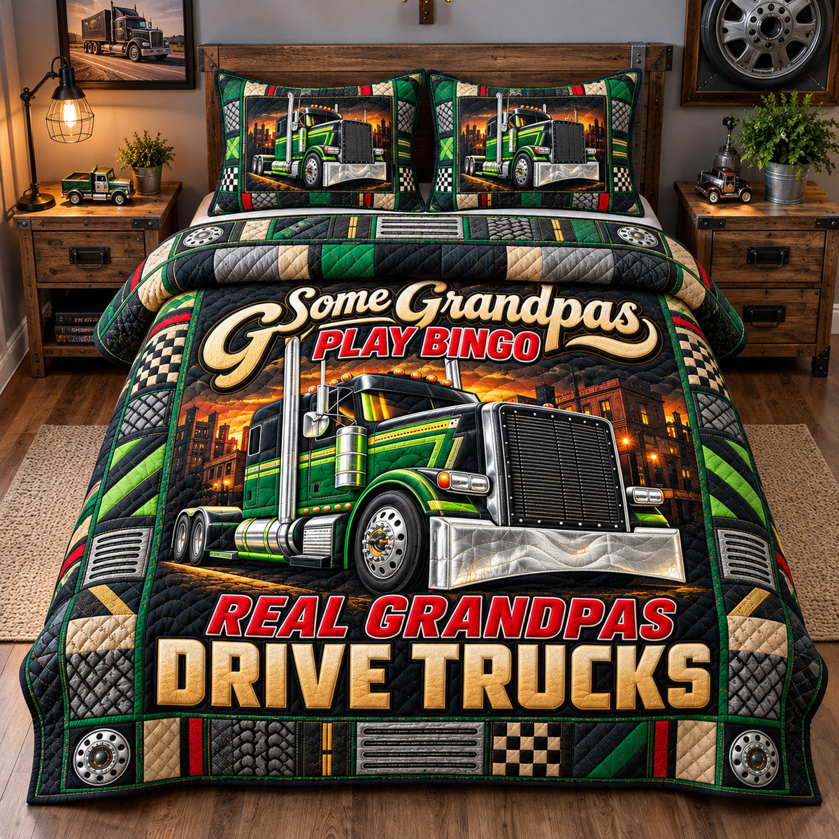 Grandpas Drive Trucks 3-Piece Quilted Bedding Set GFTOHNL4483