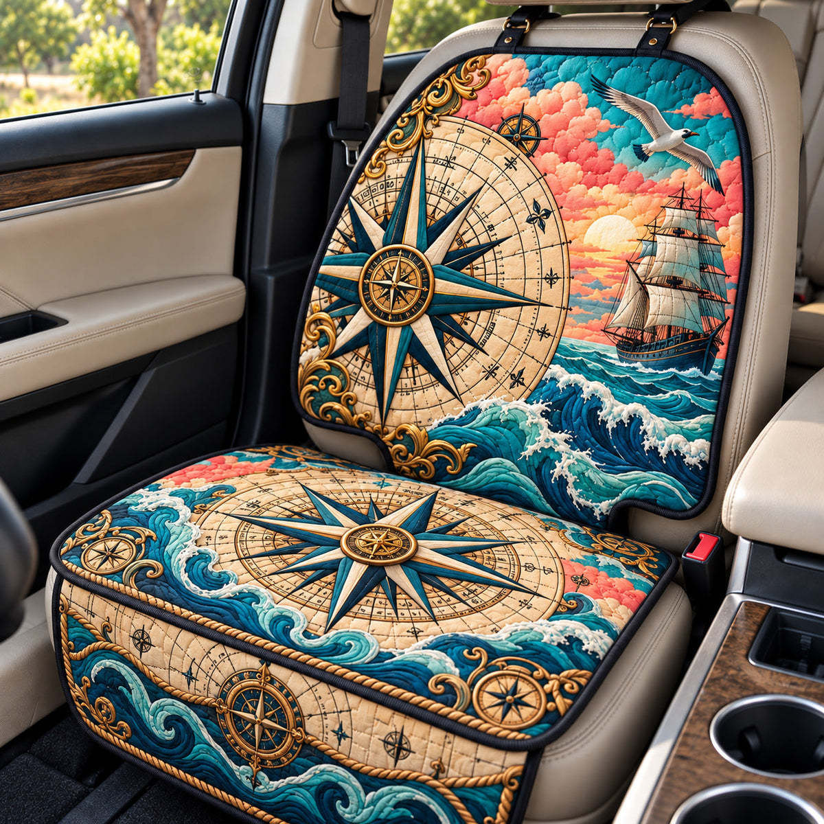 Vintage Ocean Compass Quilted Car Seat Protector GFTOHNL4528