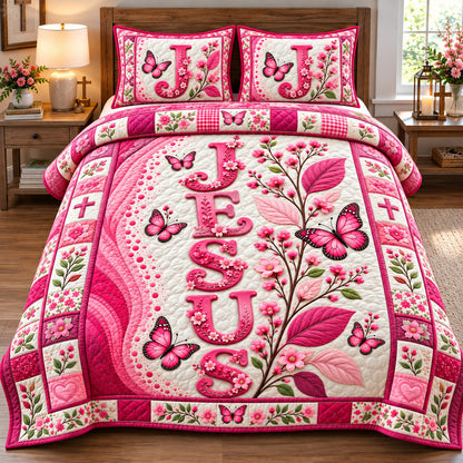 Jesus Pink Butterfly Garden 3-Piece Quilted Bedding Set GFTOHNL4539