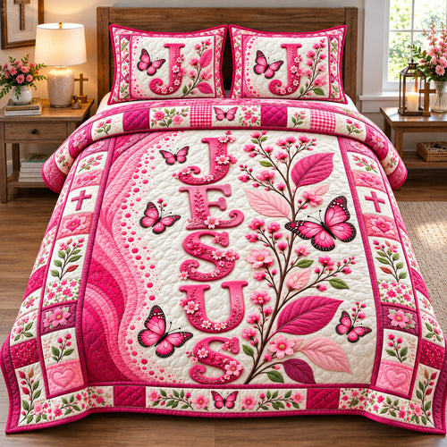 Jesus Pink Butterfly Garden 3-Piece Quilted Bedding Set GFTOHNL4539