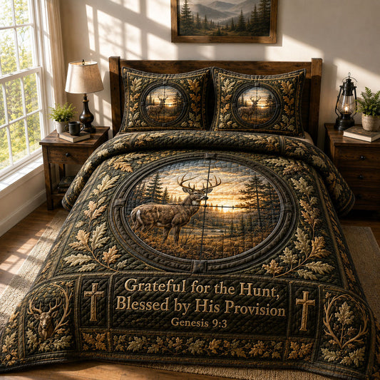 Blessed By His Provision Deer Hunt 3-Piece Quilted Bedding Set GFTOHNL473
