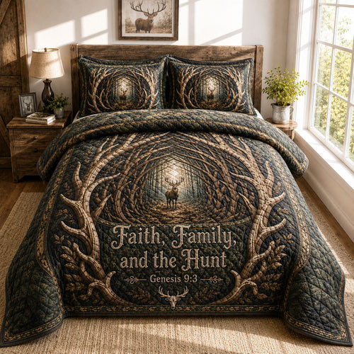 Faith Family And The Hunt Deer 3-Piece Quilted Bedding Set GFTOHNL475