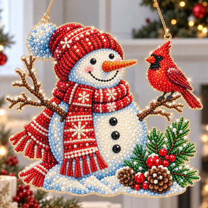 Snowman And Christmas Cardinal DIY Diamond Pearl Suncatcher Ornament Kit GFTOHNL5022