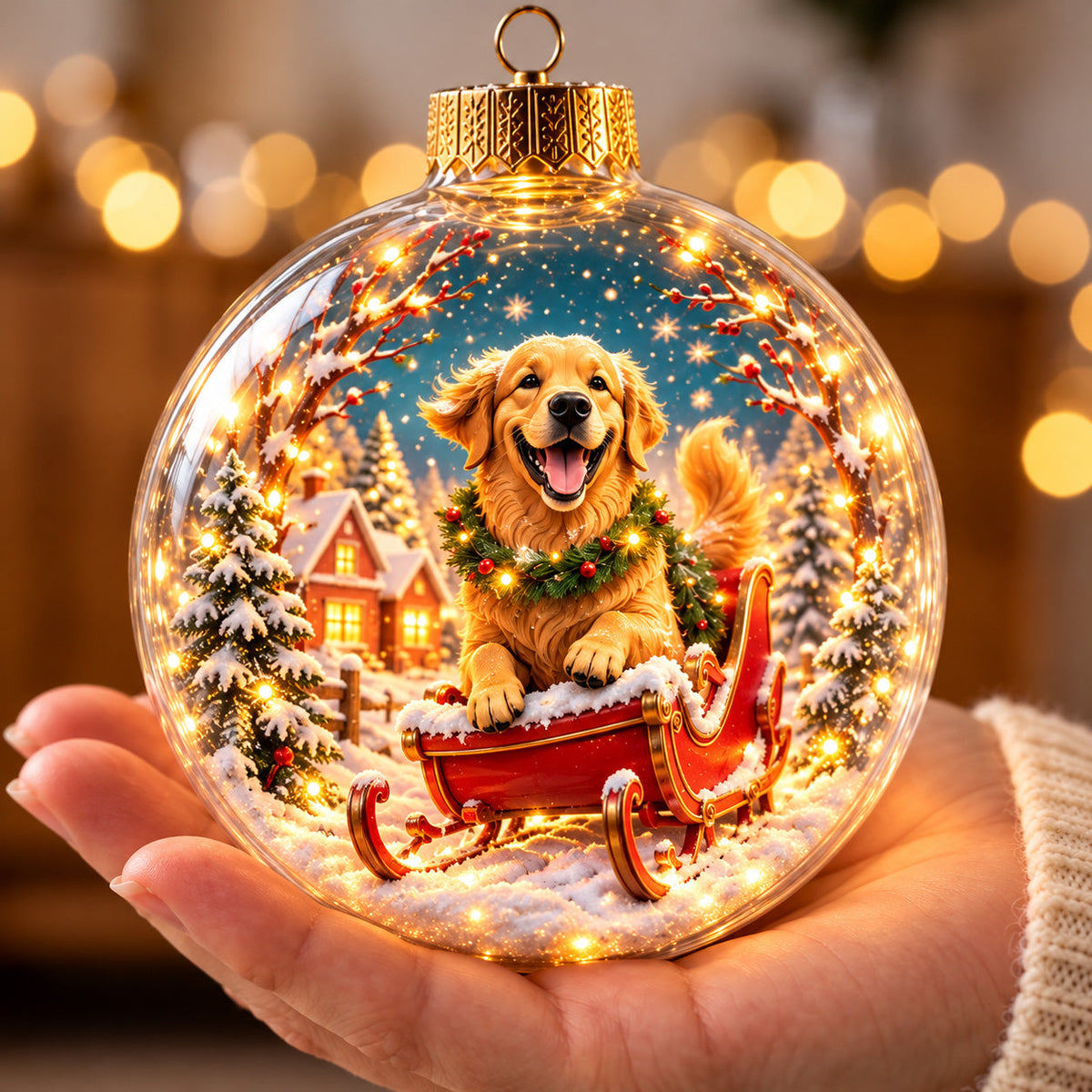 Golden Retriever Christmas Sleigh Ride Light-Up Globe Ornament GFTOHNL5052
