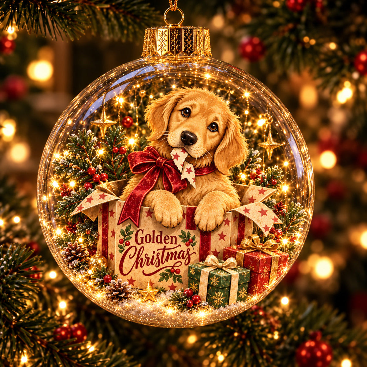 Golden Retriever Christmas Surprise Light-Up Globe Ornament GFTOHNL5054
