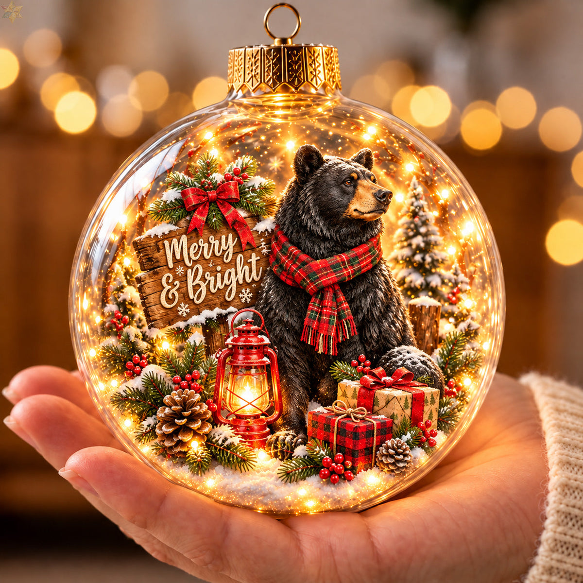 Merry Christmas Black Bear Light-Up Globe Ornament GFTOHNL5097