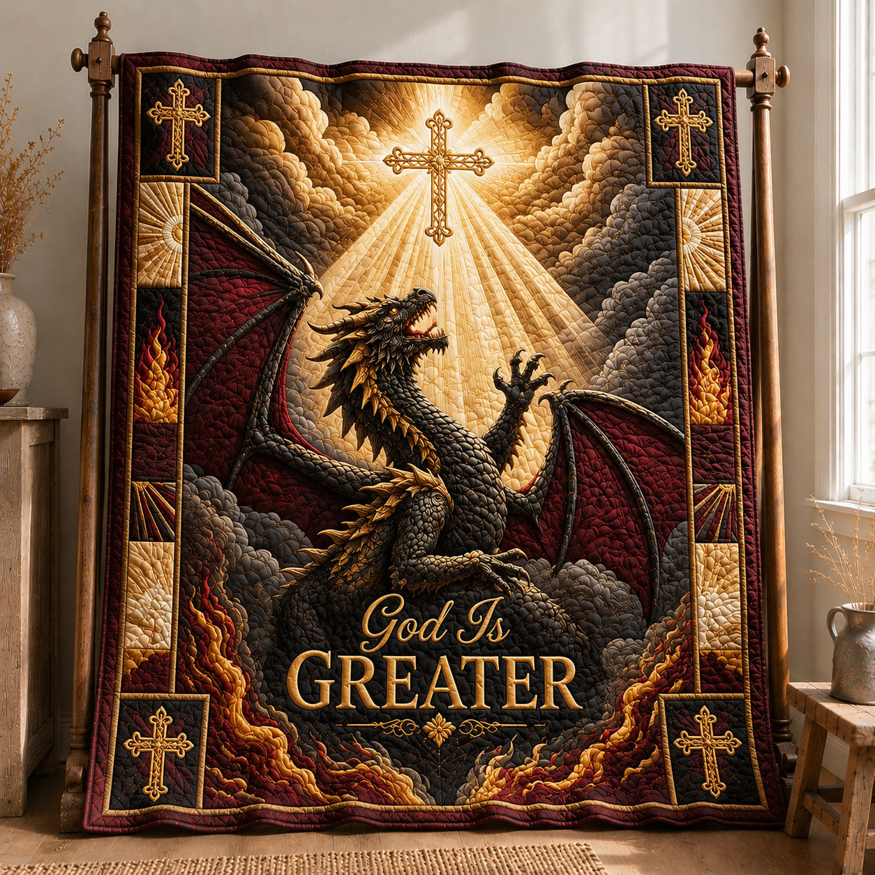 God Is Greater Dragon Quilted Blanket GFTOHNL512