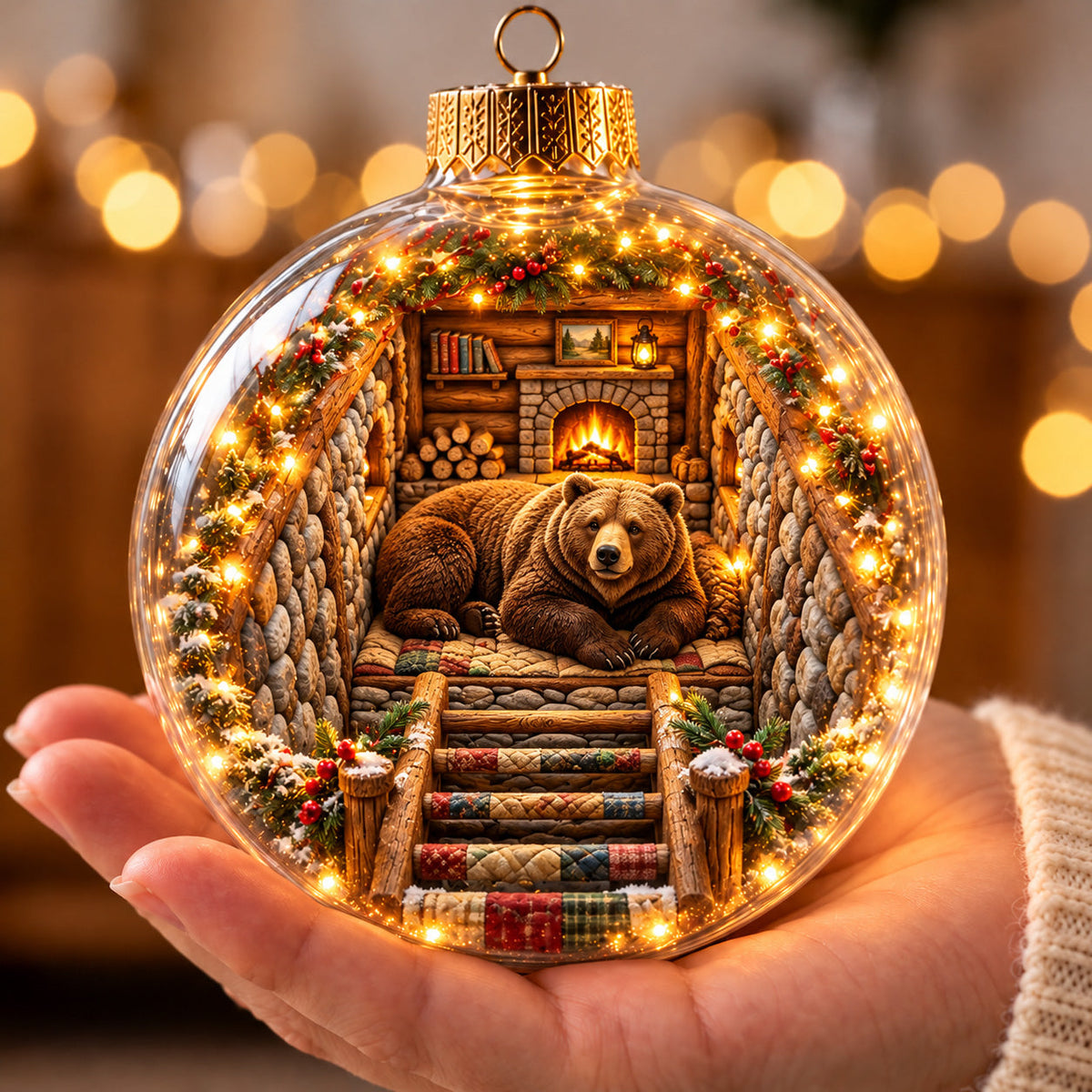 Bear Winter Cabin Light-Up Globe Ornament GFTOHNL5165