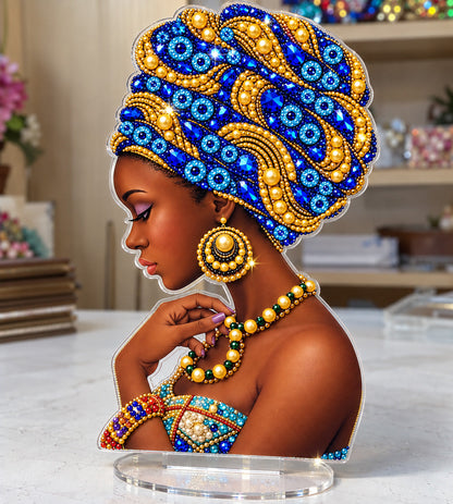 Blue And Gold African Queen DIY Pearl Diamond Painting Acrylic Stand GFTOHNL5273